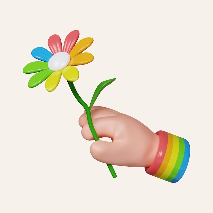 PSD 3d de la mano de la flor del arco iris mes de orgullo concepto de fondo lgbt icono del mes de orgullos lgbt aislado en fondo blanco ilustración de renderización 3d trayectoria de recorte
