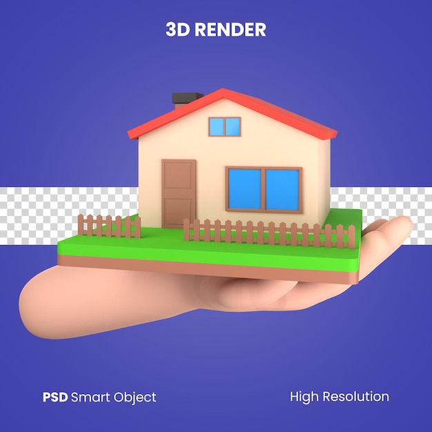 PSD 3d mano sosteniendo una casa render aislado