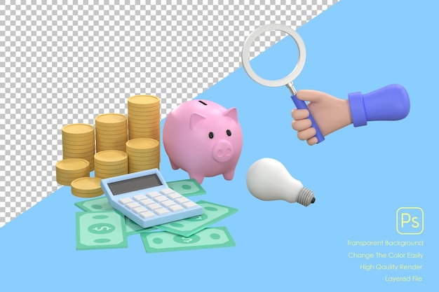 3D mano sosteniendo lupa y hucha monedas billetes y calculadora ahorro de negocios