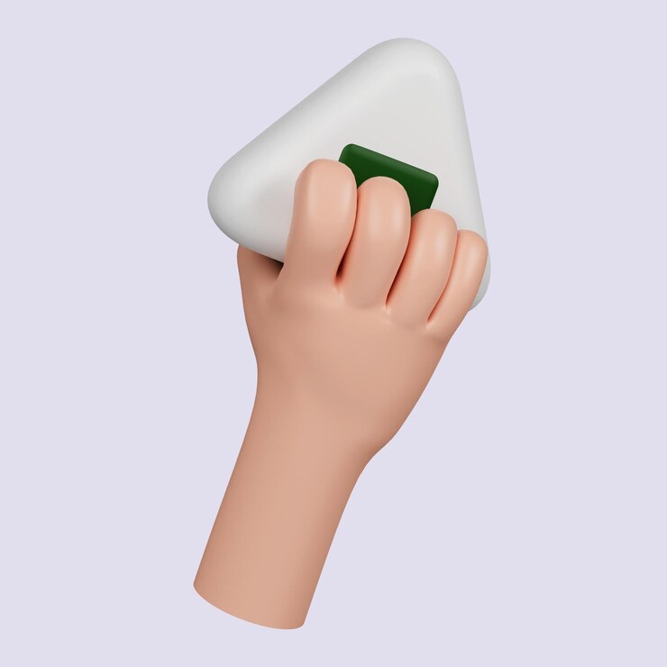 PSD 3d mano sosteniendo onigiri concepto de estar hambriento icono aislado en fondo gris ilustración de renderización 3d trayectoria de recorte
