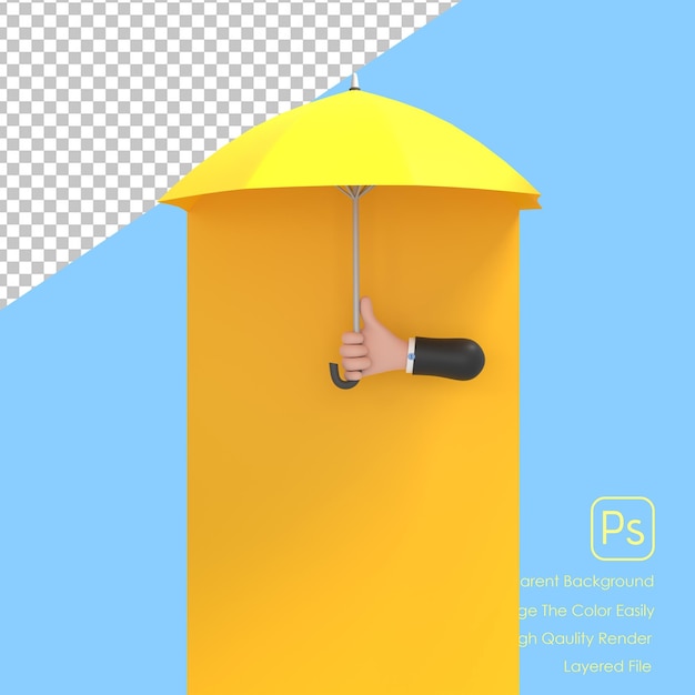 3D mano sujetando elegante paraguas amarillo sobre fondo blanco.