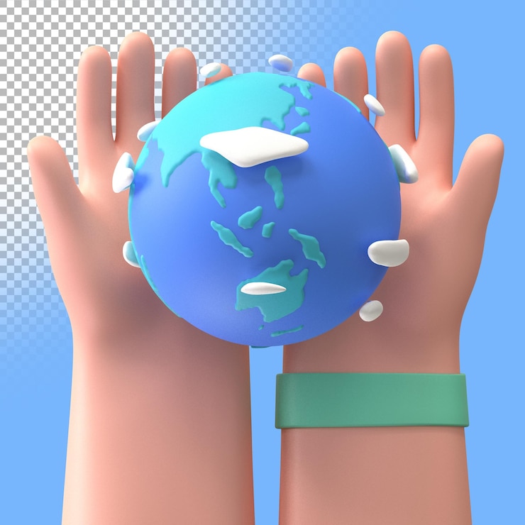 PSD 3d mano sujetando el globo terráqueo azul. ilustración de procesamiento tridimensional.