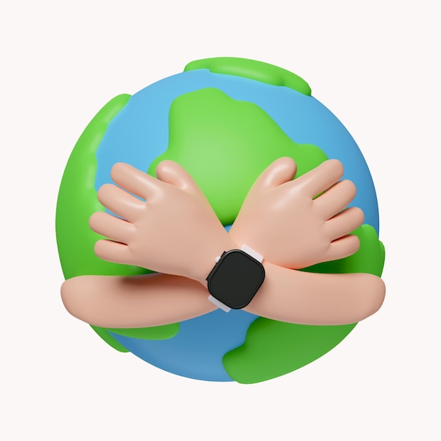 3d manos abrazan el planeta Tierra Concepto del Día Mundial del Medio Ambiente Salvar la Tierra Proteger el medio ambiente y el icono de la vida ecológica verde aislado en fondo blanco Ilustración de representación 3d Trazado de recorte
