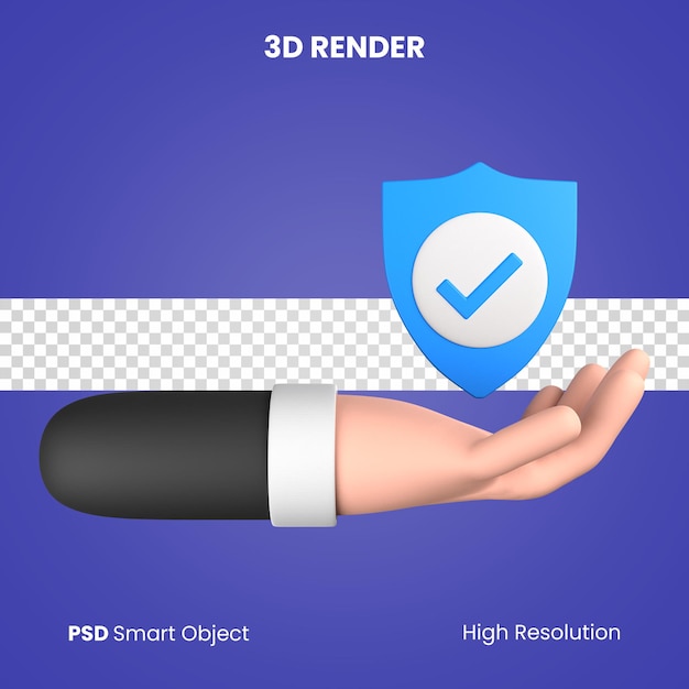 3d mão dando seguro escudo render isolado