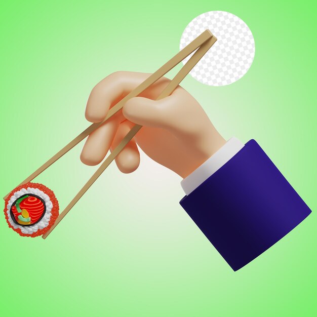 3d mão segurando o rolo de sushi com pauzinhos de bambu uramaki cozinha japonesa isolada renderização em 3d