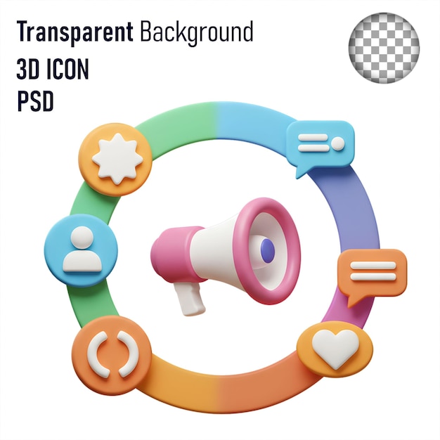 3D-Marketing-Ikonen mit Megafon und Social-Media-Elementen