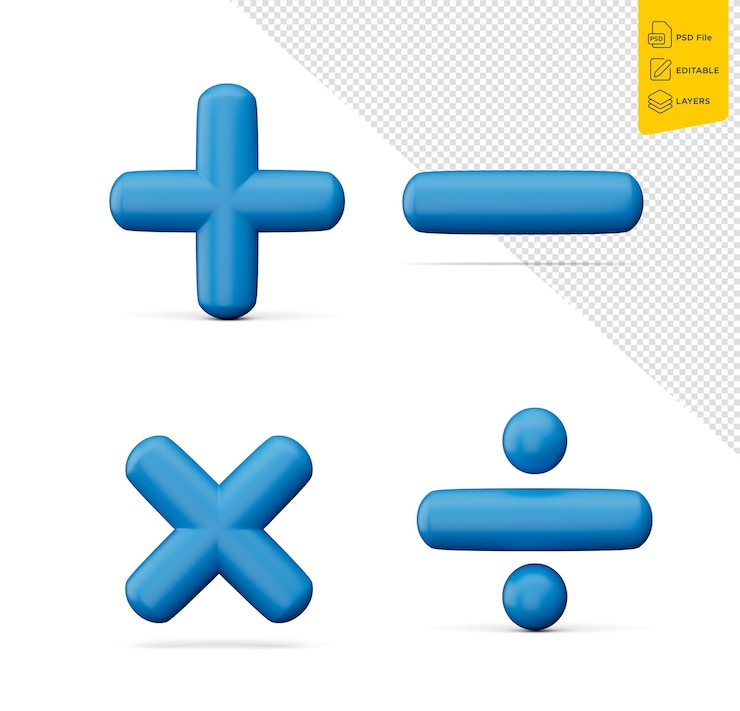 PSD 3d más menos multiplicar y dividir signos sobre fondo blanco ilustración 3d