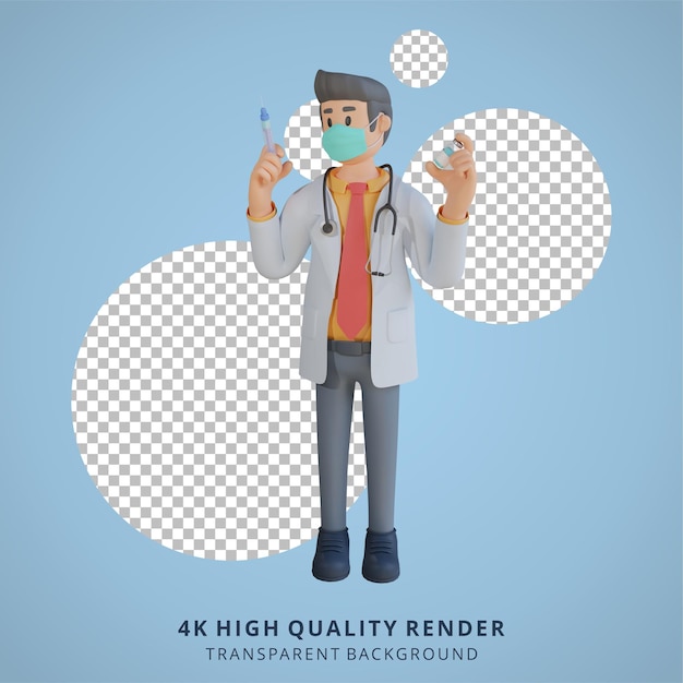 PSD 3d masculino médico usando uma máscara segurando uma ilustração de design de personagem de injeção de vacina