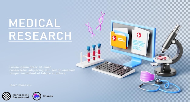 3D-Medizinforschung Banner Medizindienst Labor Diagnose genetische Analyse Labor Mikroskop Blutproben Röhren DNA Molekül elektronische Gesundheitsdaten auf PC-Computer-Bildschirm