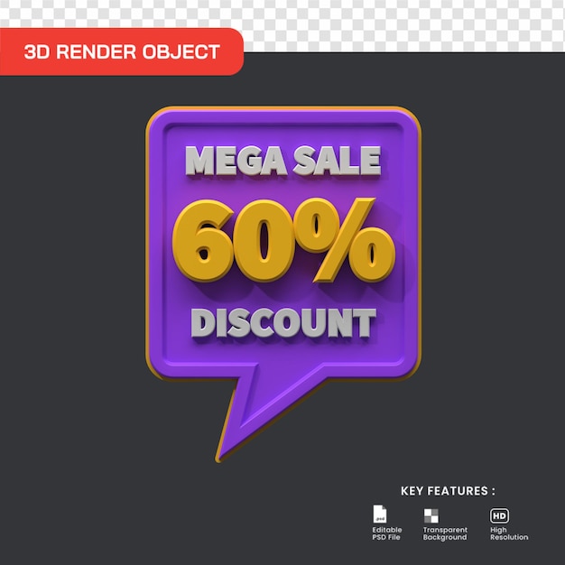 3d mega sale promo 60 prozent rabatt isoliert nützlich für e-commerce und online-shop illustration