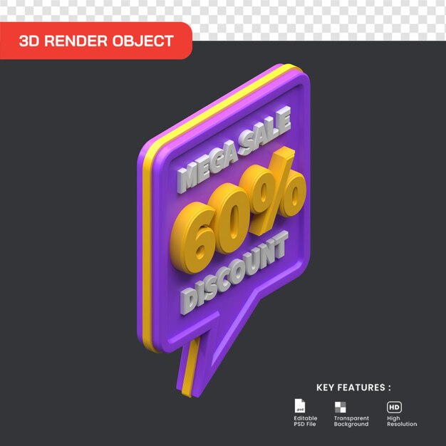 3d mega venta promo 60 por ciento de descuento aislado. útil para el comercio electrónico y la ilustración de compras.