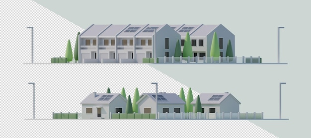 3D-Mehrfamilienhaus mit Sonnenkollektoren seitlich