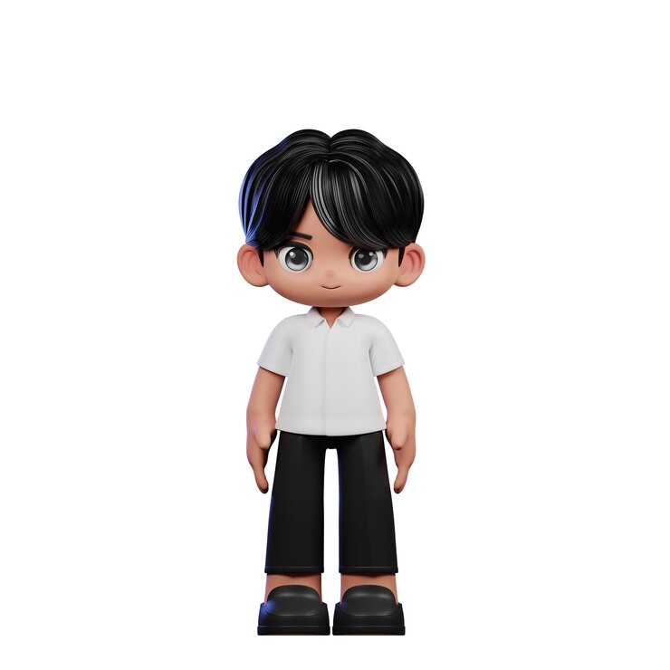 PSD 3d menino com uma camisa branca e calças pretas de pé pose legal