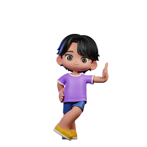 3d Menino de camisa roxa e calções azuis com sapatos amarelos atuando em pose legal