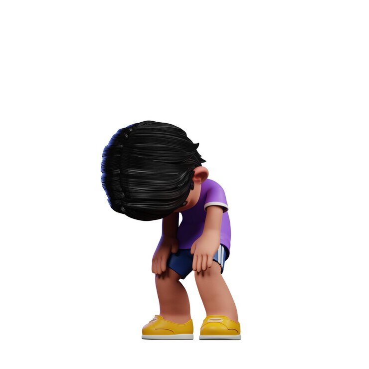 PSD 3d menino de camisa roxa e calções azuis com sapatos amarelos fazendo pose de pausa