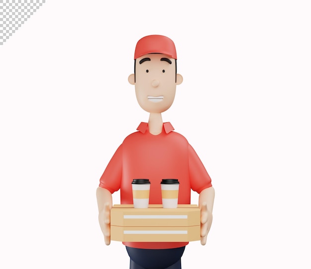 3d mensajero personaje sosteniendo pizza cartón y taza de café sobre fondo blanco 3d render ilustración