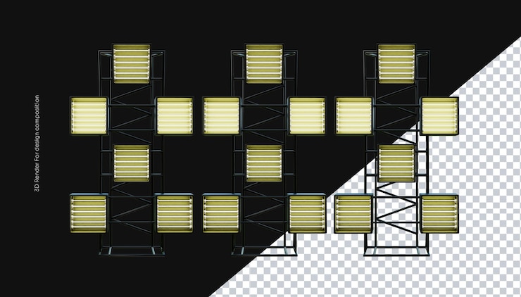 PSD 3d-metall-turm mit beleuchteten quadraten für veranstaltungsflyer-design