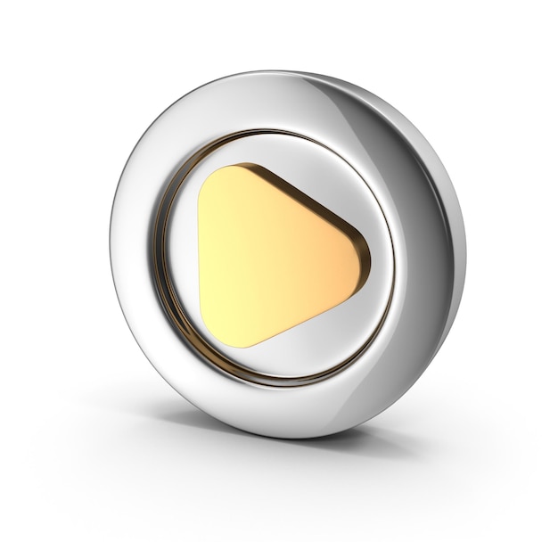 3D metallic play button with a golden triangle in the center