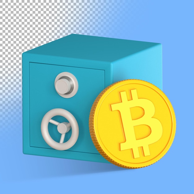 3D-Metallsafe und Bitcoin-Münze. Dreidimensionale Darstellung.