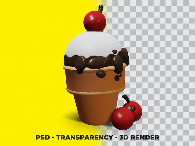 3D mignon sur le cornet de crème glacée avec fond transparent