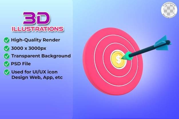 PSD 3d minimal ausgezeichnete geschäftsidee ziele 3d-pfeil traf die mitte des ziels auf transparentem hintergrund