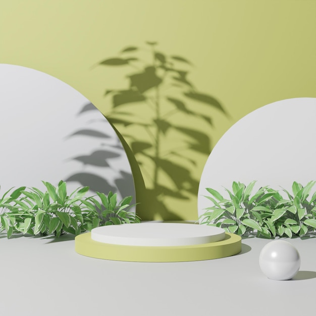 3D minimalista render pódio branco com planta e sombra sobre fundo verde