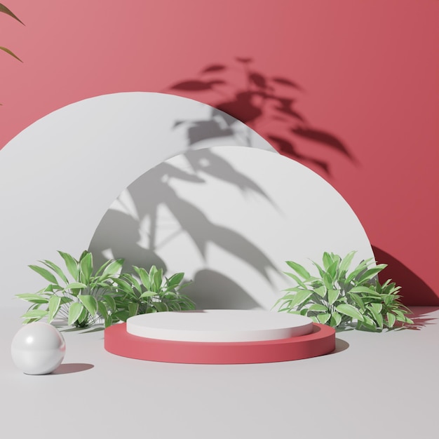 3D minimalista render pódio branco com planta e sombra sobre fundo vermelho