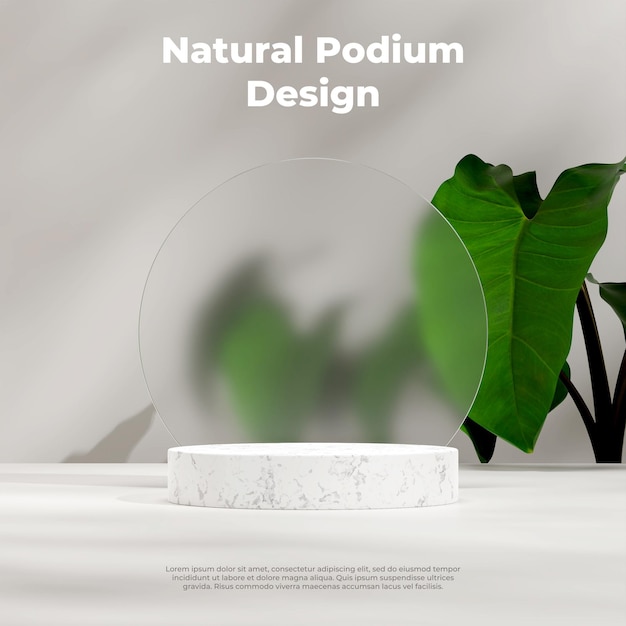 3d mock up rendering dello sfondo del podio in marmo in piazza con pianta di alocasia sullo sfondo