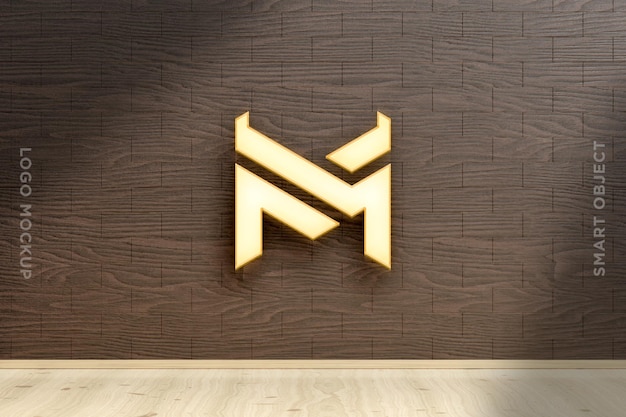 PSD 3d mockup logo neon na parede de madeira-3