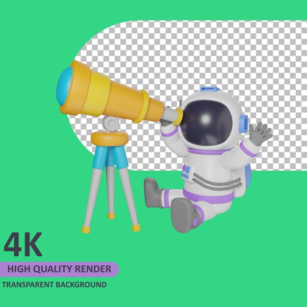 3d model rendering child astronaut looking with a telescope while sitting