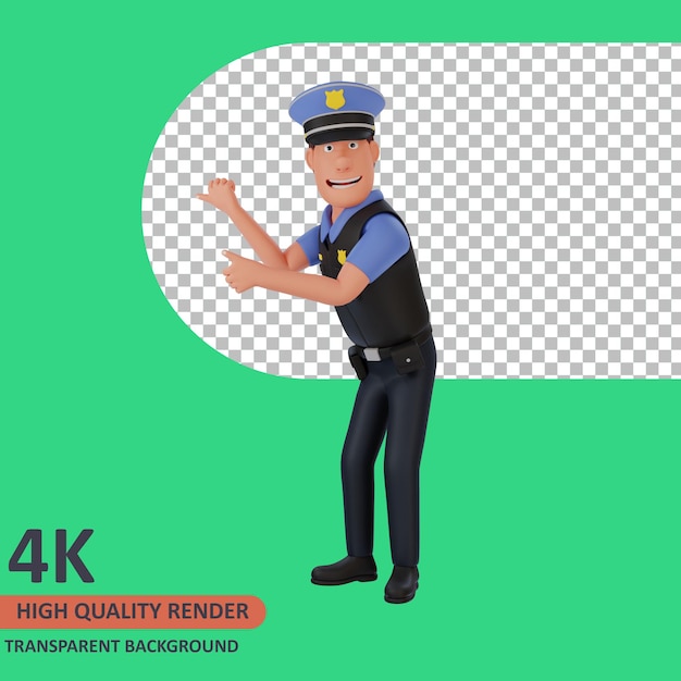 3d model rendering policeman cartoon character is showing something