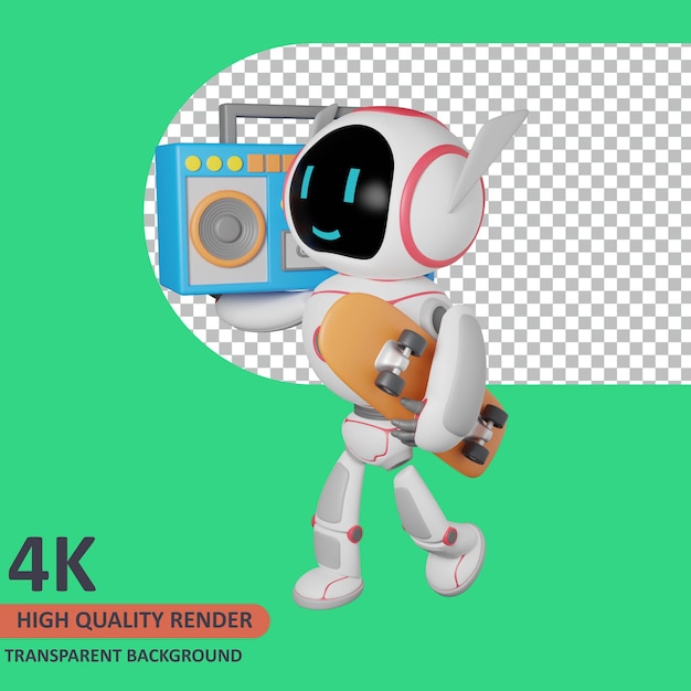 3d model rendering robot carrying boombox and skateboard