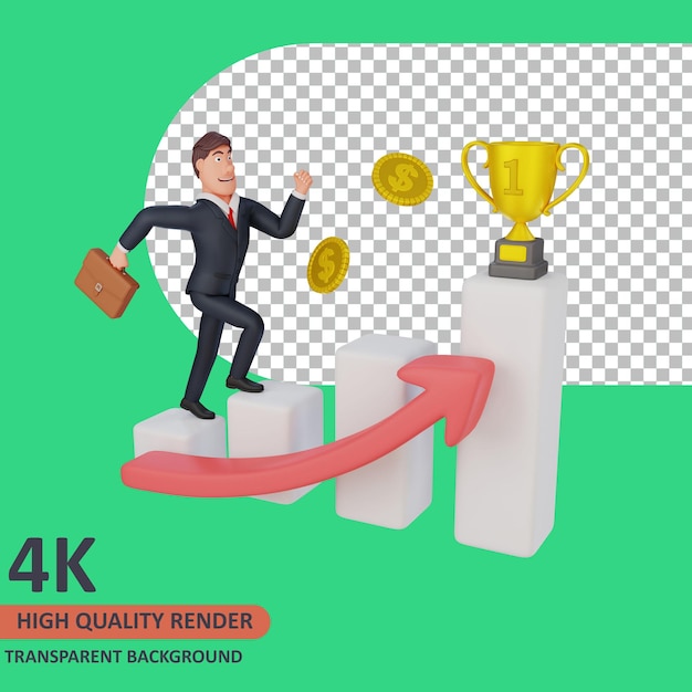 3d-modell, das geschäftsmann-cartoon-figur rendert, geht das diagramm hinauf