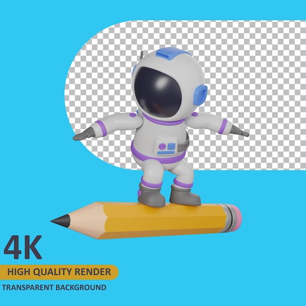 3d-modell-rendering-kinderastronaut, der auf einem riesigen bleistift steht