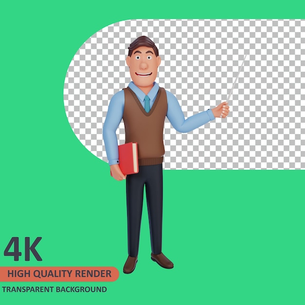 3D-Modell-Rendering-Lehrer-Mann-Cartoon-Figur, die die Lektion erklärt und ein Buch trägt