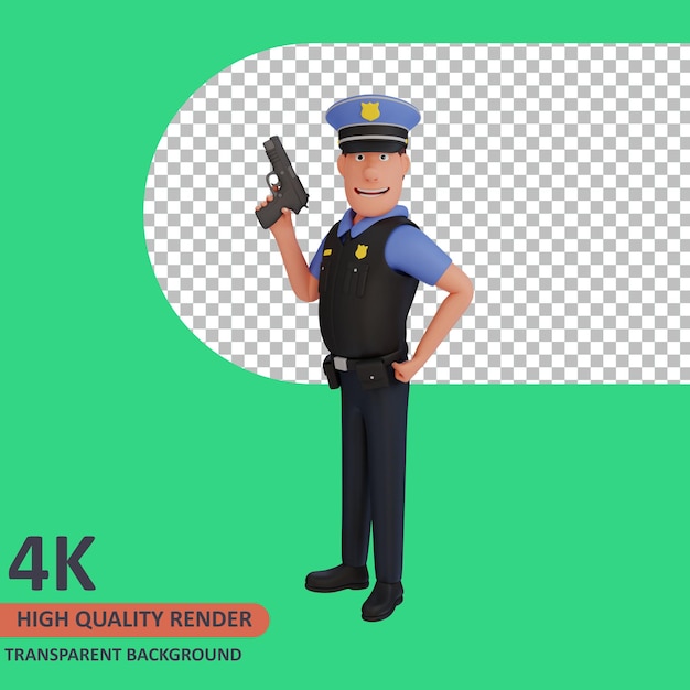 PSD 3d-modell rendering polizist cartoon-figur mit einer waffe