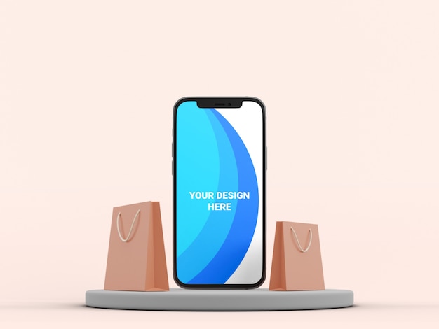 3D-Modell-Smartphone mit Papiertüte isoliert
