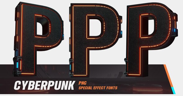 PSD 3d-modellierung des laserserien-multiview-buchstabens im cyberpunk-stil p