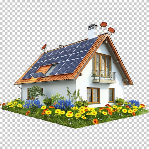 3d-modernes haus mit solarpanelen, schwarz-weißen dachpanelen, isoliert auf durchsichtigem hintergrund