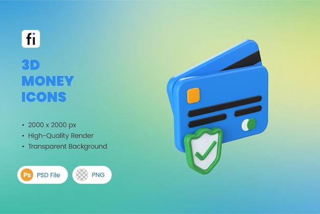 3D Money Icons Credit Card Security Render