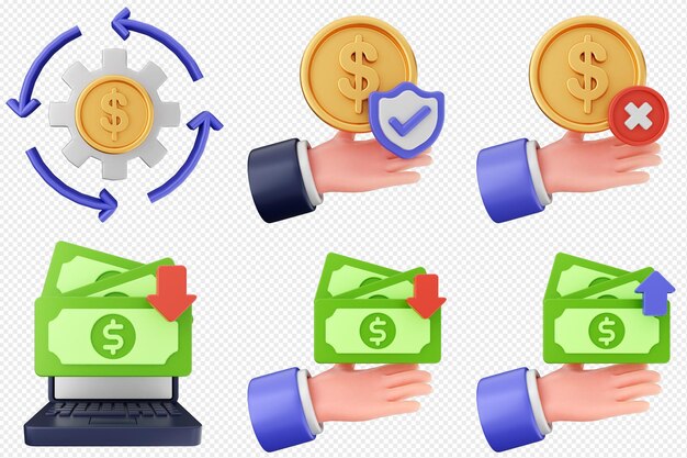 3d monnaie monnaie dollar transactions icône set faisceau