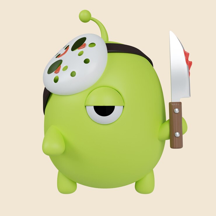 PSD 3d, monstruo verde de halloween, tenencia, un, cuchillo, icono, elemento tradicional, de, decoración, para, halloween, icono, aislado, en, fondo gris, 3d, interpretación, ilustración, ruta de recorte
