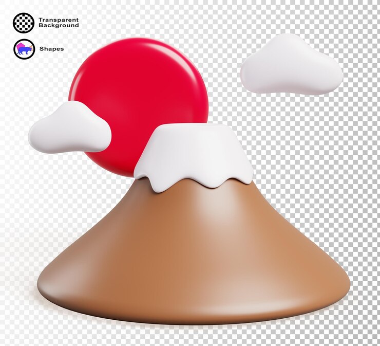 PSD 3d monte fuji japão com sol e nuvens isoladas em fundo branco vulcão de montanha sagrada japonesa com neve no pico atração turística alta colina nevada ícone de renderização de desenho animado