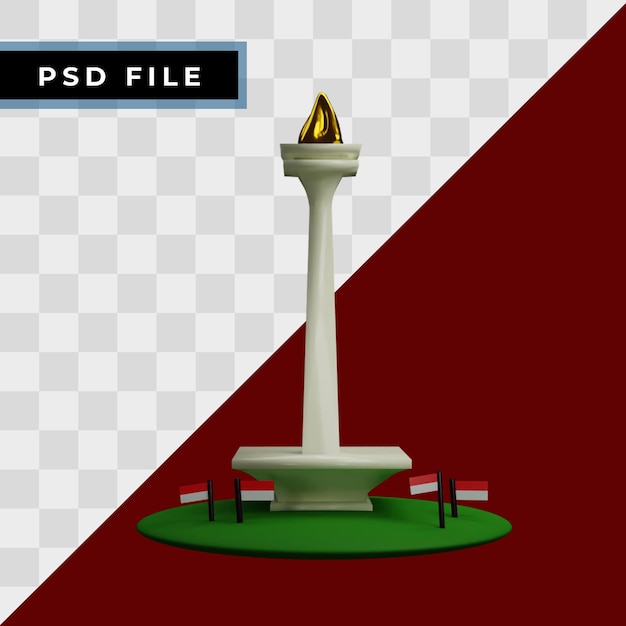 3d Monumen Nasional con bandiera indonesiana intorno al concetto, rendering realistico di poli basso