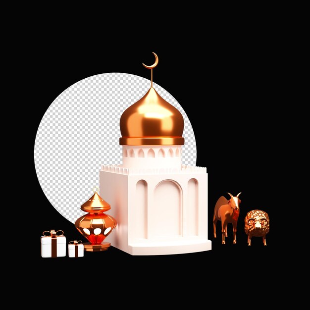 3d-moschee-bogen mit bronzenen arabischen laternen-ziegen-schaf-tier-geschenkboxen und png-kreisform auf schwarzem hintergrund