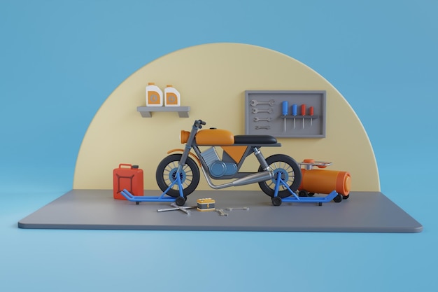 3D-Motorrad-Reparatur- und Wartungsservice, klassische Garage für Motorradreparaturen, 3D-Illustration