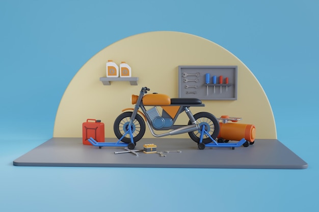 3d-motorrad-reparatur- und wartungsservice, klassische garage für motorradreparaturen, 3d-illustration