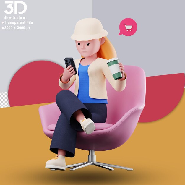 PSD 3d, mujer, compras, en, teléfono, 3d, ilustración, 3d, carácter, en, aislado, plano de fondo