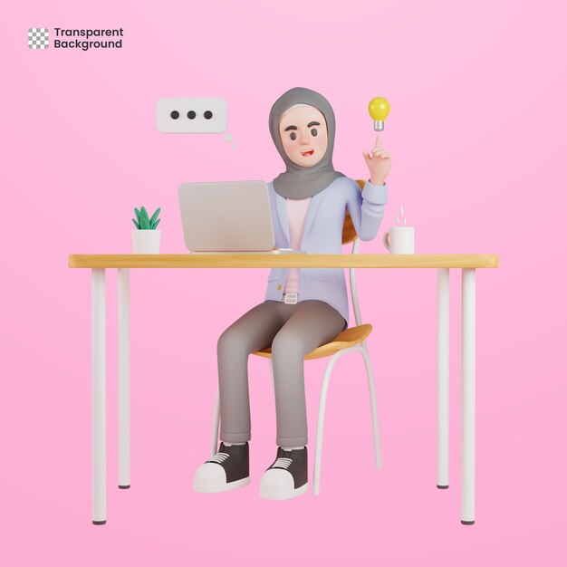 3d mujer musulmana que tiene idea mientras trabaja en la computadora portátil