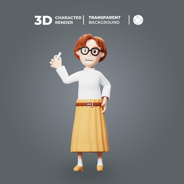 3D mujeres profesor personaje sosteniendo tiza